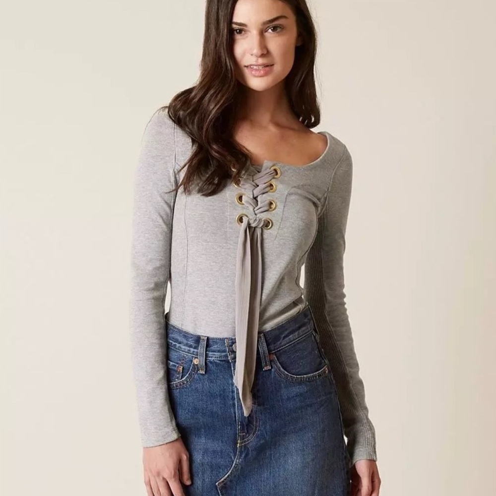 Free People Light Gray Lace-Up Long Sleeve Top
